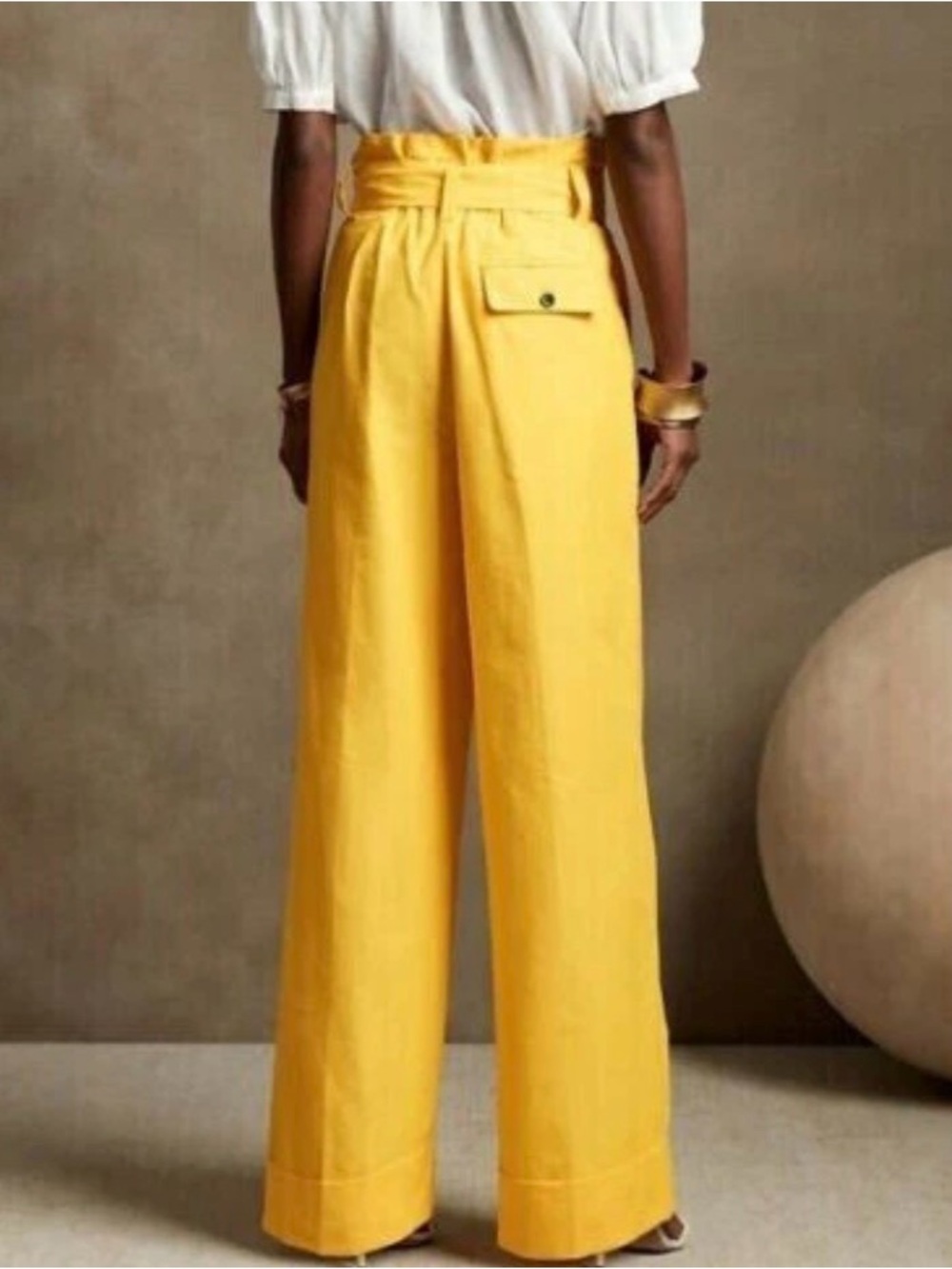 Banana Republic Yellow High-Waist Paper Bag Wide-Leg Belted Cuffed Pants Size 6P - Picture 3 of 11